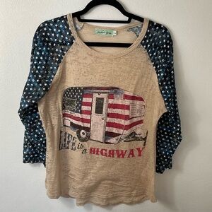 SOUTHERN GRACE Burnout Tee T-Shirt Top Life is a Highway 3/4 Sleeve Sz XL